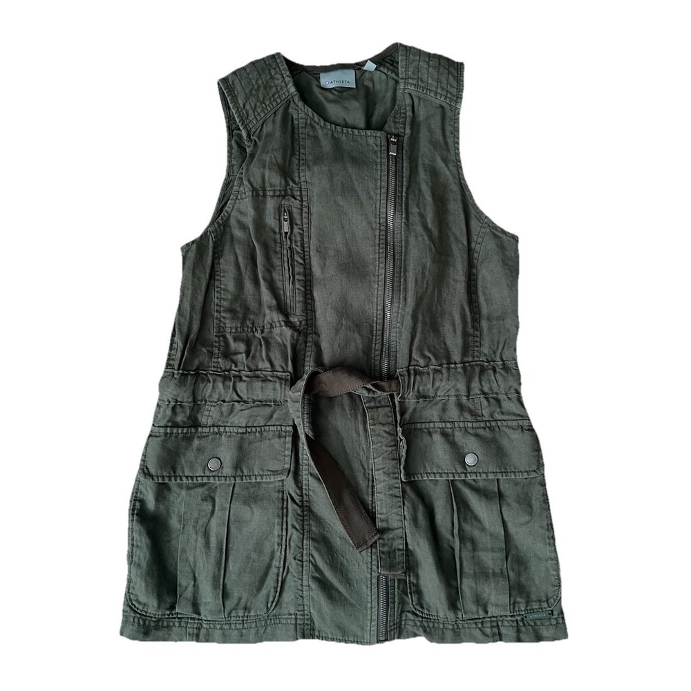 Athleta Women XS Olive Green 100% Linen Utility Moto Vest Asymmetrical Zip Cargo